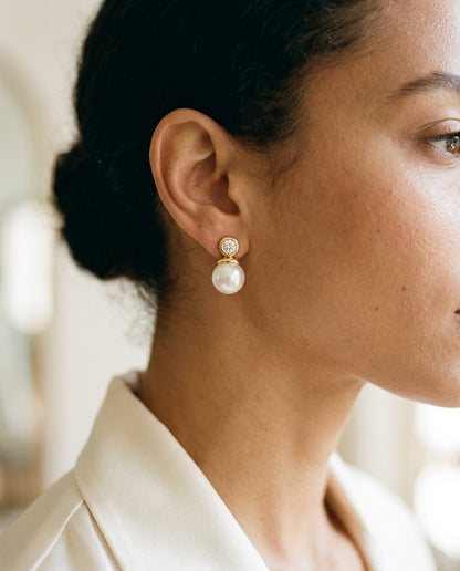White Akoya Pearl With Diamond Earrings In 14k Yellow Gold — portrait close