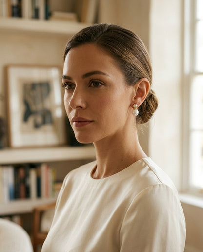 White Akoya Pearl With Diamond Earrings In 14k Yellow Gold — portrait full