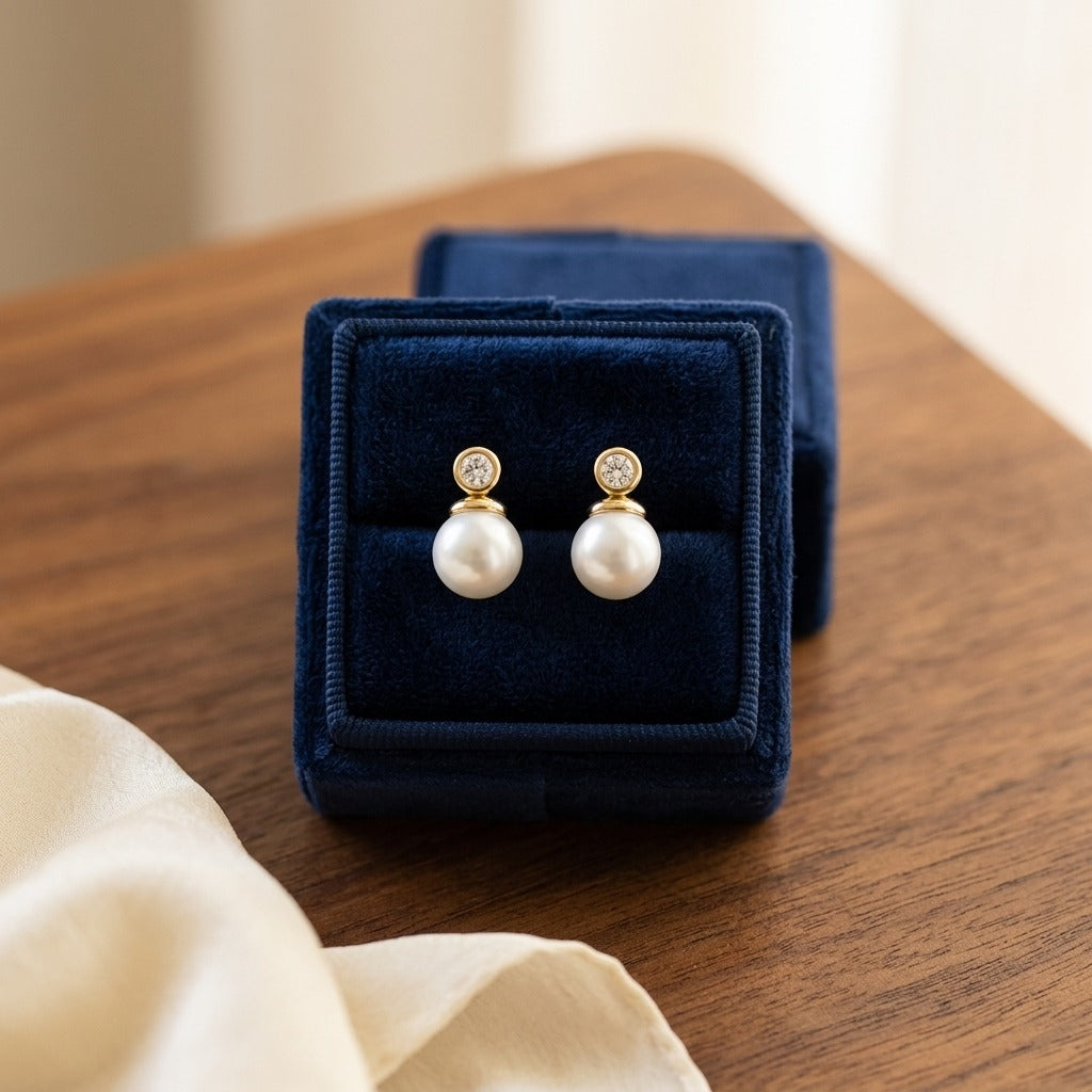 White Akoya Pearl With Diamond Earrings In 14k Yellow Gold — velvet box