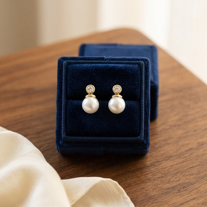 White Akoya Pearl With Diamond Earrings In 14k Yellow Gold — velvet box