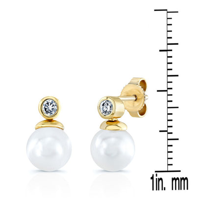 White Akoya Pearl With Diamond Earrings In 14k Yellow Gold