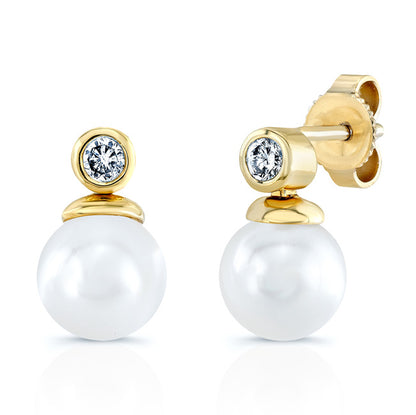 White Akoya Pearl With Diamond Earrings In 14k Yellow Gold