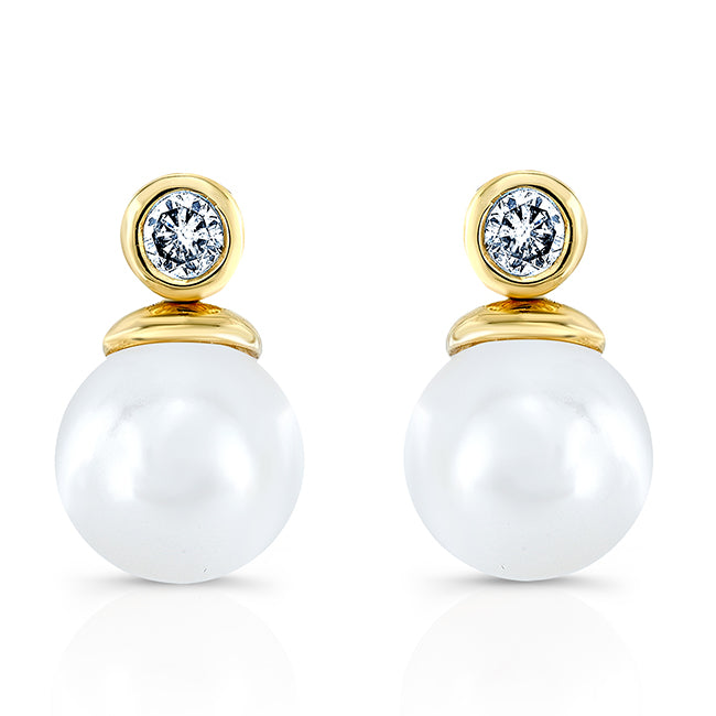 White Akoya Pearl With Diamond Earrings In 14k Yellow Gold