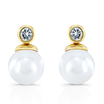 White Akoya Pearl With Diamond Earrings In 14k Yellow Gold