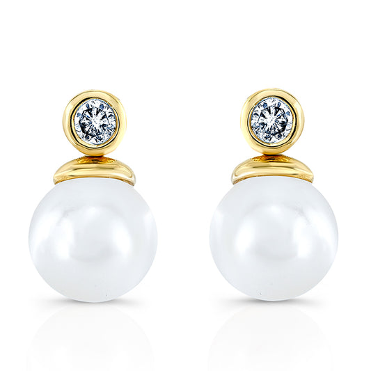 White Akoya Pearl With Diamond Earrings In 14k Yellow Gold