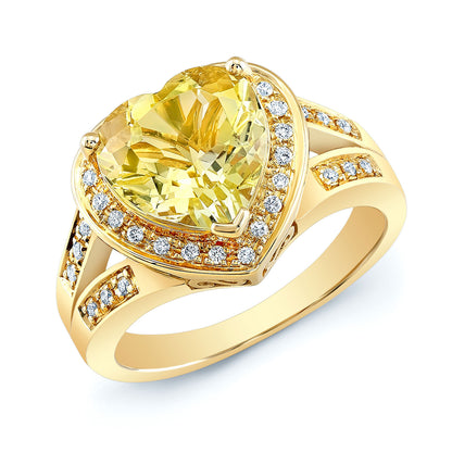 Lemon Quartz And Diamond Heart Shape Ring With Split Shank In 14k Yellow Gold
