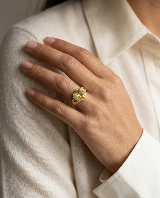 Lemon Quartz And Diamond Heart Shape Ring With Split Shank In 14k Yellow Gold — editorial close-up