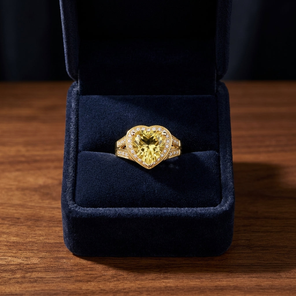 Lemon Quartz And Diamond Heart Shape Ring With Split Shank In 14k Yellow Gold — gift presentation