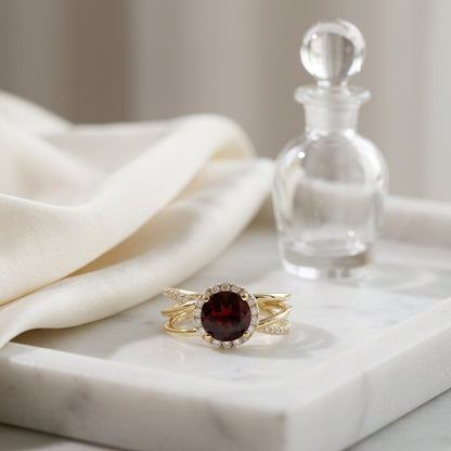 Garnet And Diamond Halo Bypass Ring In 14k Yellow Gold (sz 7.25) — atelier still life