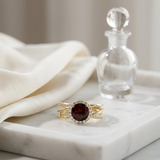 Garnet And Diamond Halo Bypass Ring In 14k Yellow Gold (sz 7.25) — atelier still life