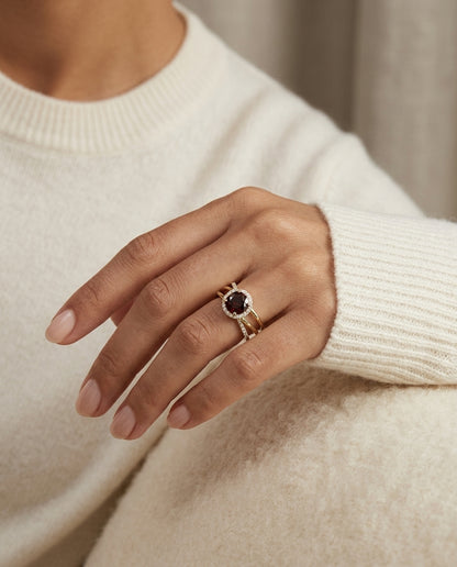Garnet And Diamond Halo Bypass Ring In 14k Yellow Gold (sz 7.25) — editorial close-up