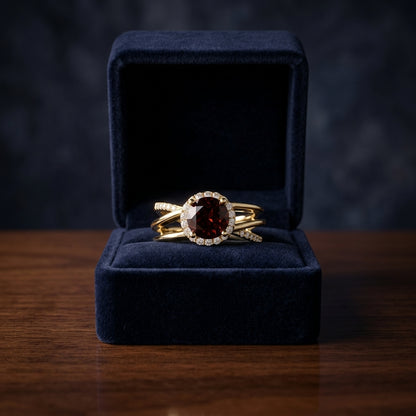 Garnet And Diamond Halo Bypass Ring In 14k Yellow Gold (sz 7.25) — gift presentation