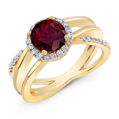 Garnet And Diamond Halo Bypass Ring In 14k Yellow Gold (sz 7.25)