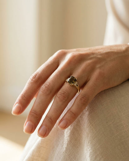 Citrine And Diamond Step Ring In 14k Yellow Gold — portrait close
