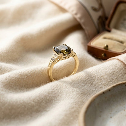 Citrine And Diamond Step Ring In 14k Yellow Gold — textile flat lay