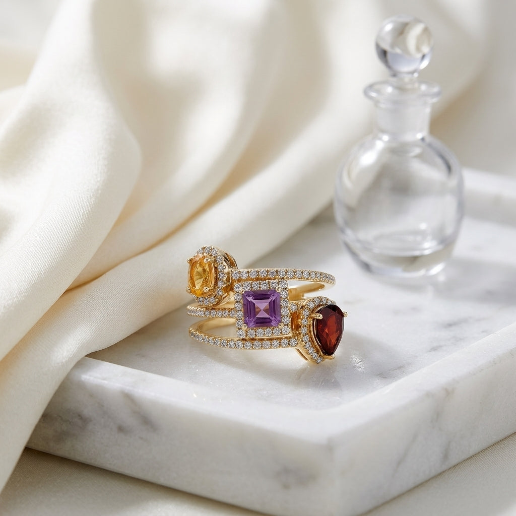 Multi Gemstone Ring With Triple Row Shank In 14k Yellow Gold — atelier still life