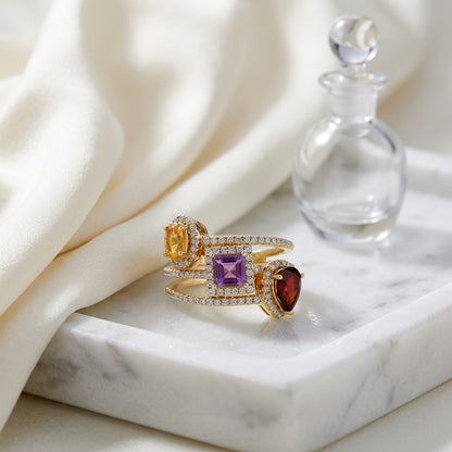 Multi Gemstone Ring With Triple Row Shank In 14k Yellow Gold — atelier still life