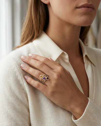 Multi Gemstone Ring With Triple Row Shank In 14k Yellow Gold — editorial close-up