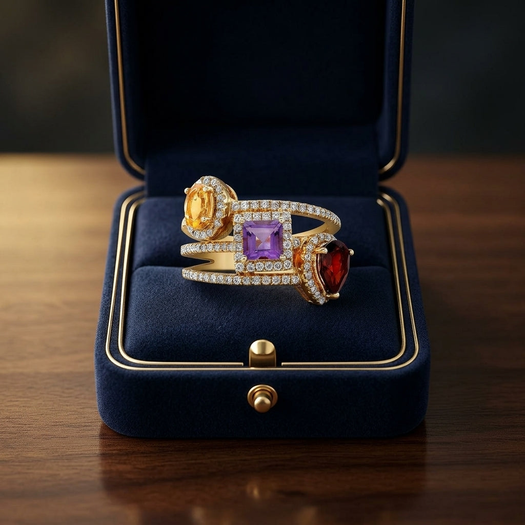 Multi Gemstone Ring With Triple Row Shank In 14k Yellow Gold — gift presentation