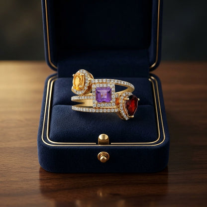 Multi Gemstone Ring With Triple Row Shank In 14k Yellow Gold — gift presentation