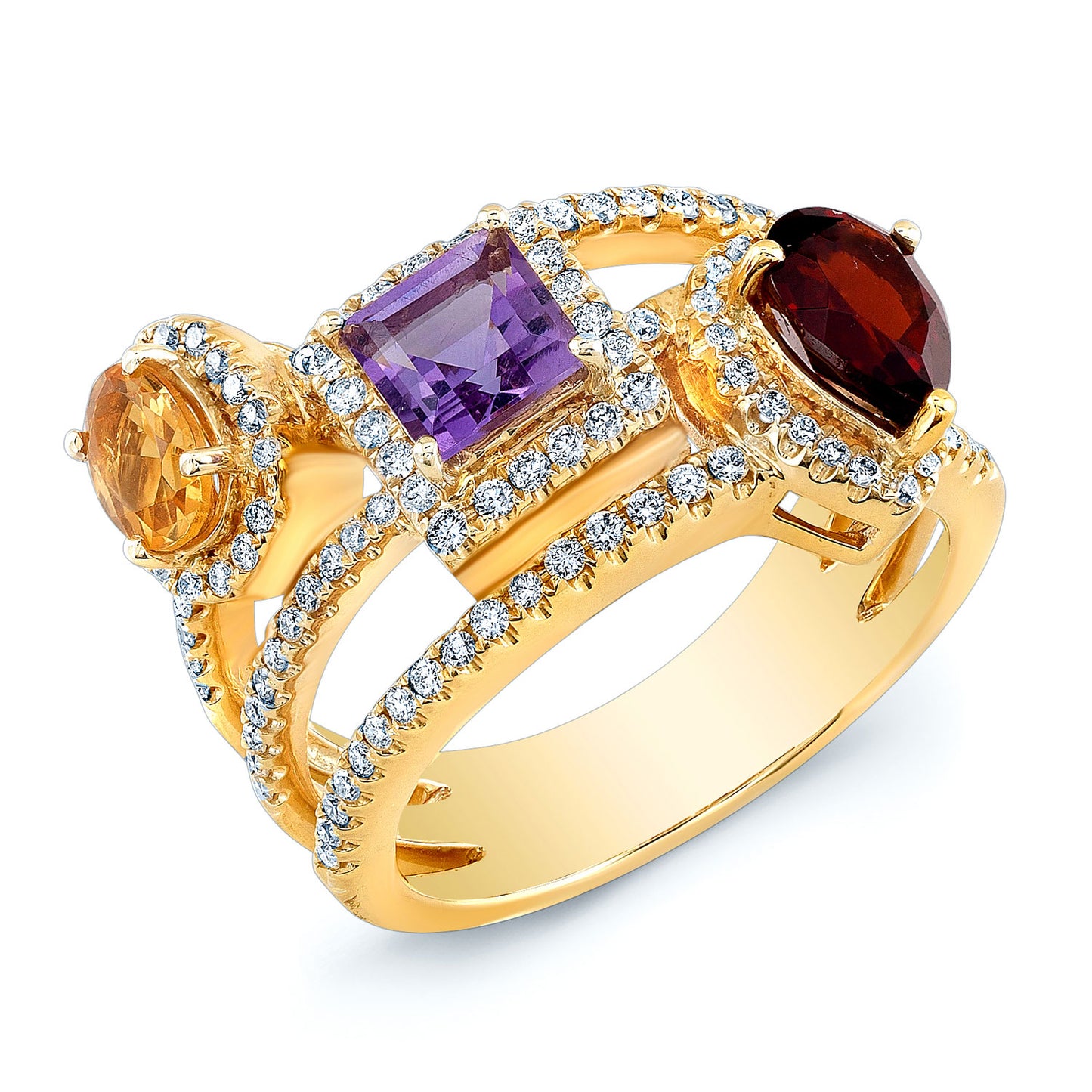 Multi Gemstone Ring With Triple Row Shank In 14k Yellow Gold