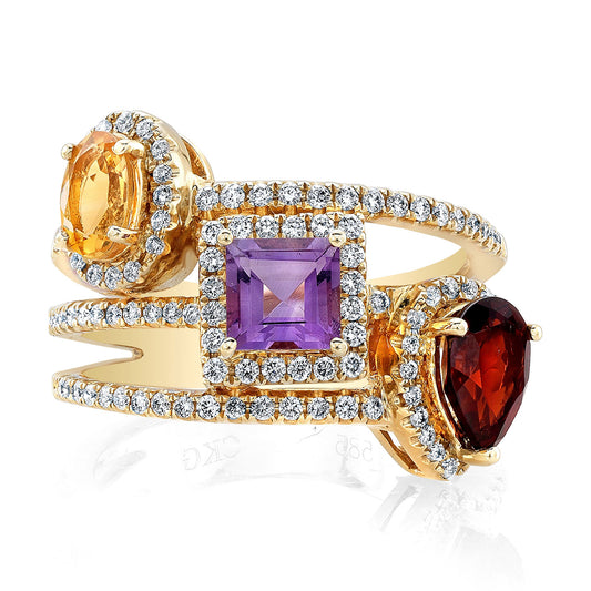 Multi Gemstone Ring With Triple Row Shank In 14k Yellow Gold