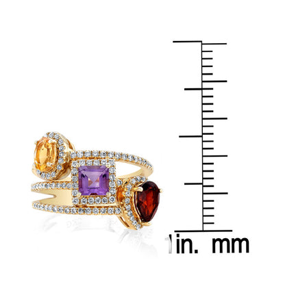 Multi Gemstone Ring With Triple Row Shank In 14k Yellow Gold