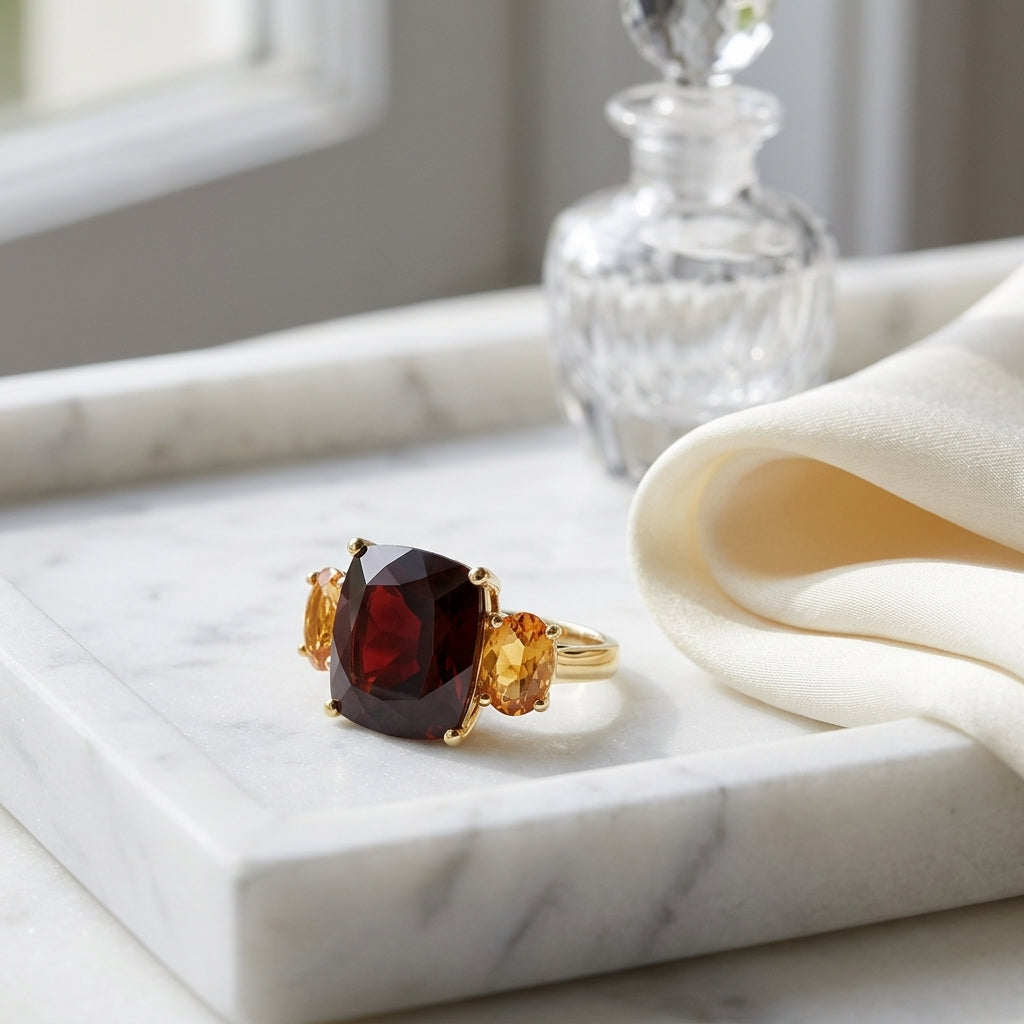 Garnet, Citrine And Diamond Ring In 14k Yellow Gold — atelier still life