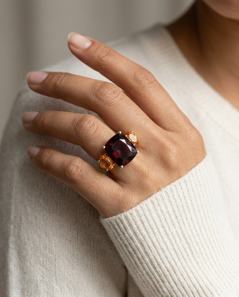 Garnet, Citrine And Diamond Ring In 14k Yellow Gold — editorial close-up