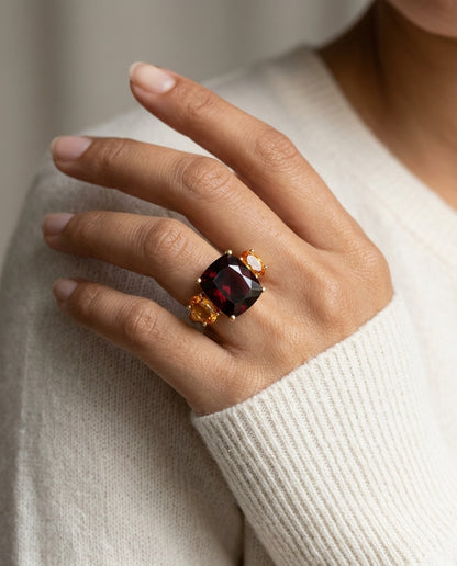 Garnet, Citrine And Diamond Ring In 14k Yellow Gold — editorial close-up