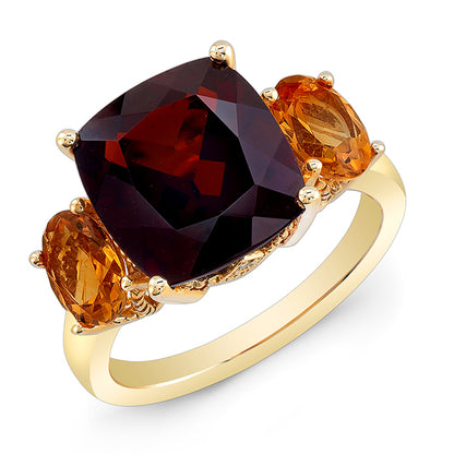 Garnet, Citrine And Diamond Ring In 14k Yellow Gold