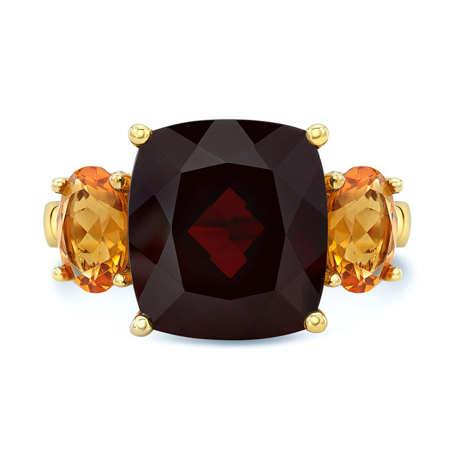 Garnet, Citrine And Diamond Ring In 14k Yellow Gold