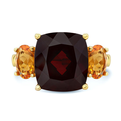 Garnet, Citrine And Diamond Ring In 14k Yellow Gold