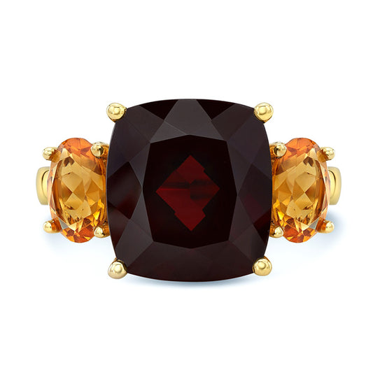 Garnet, Citrine And Diamond Ring In 14k Yellow Gold