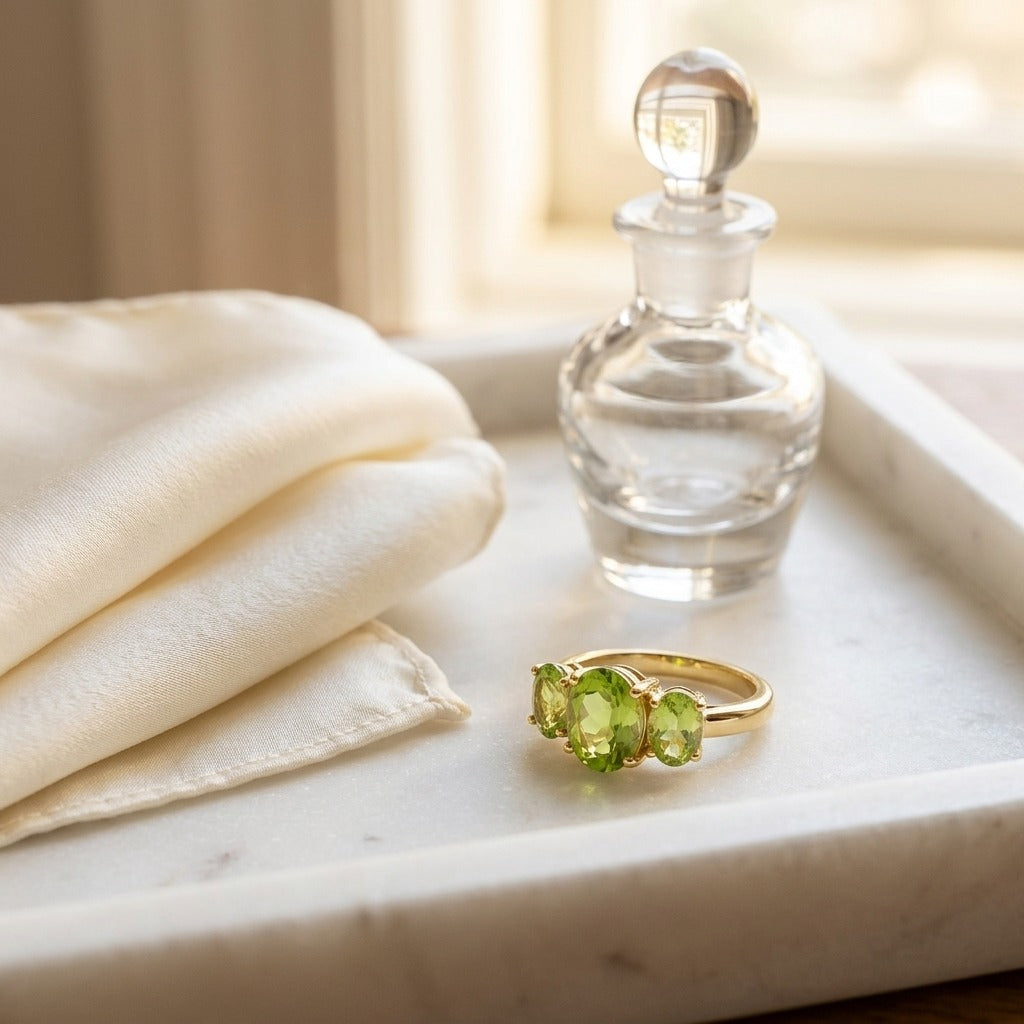 Peridot Oval Three Stone Ring In 14k Yellow Gold — marble silk