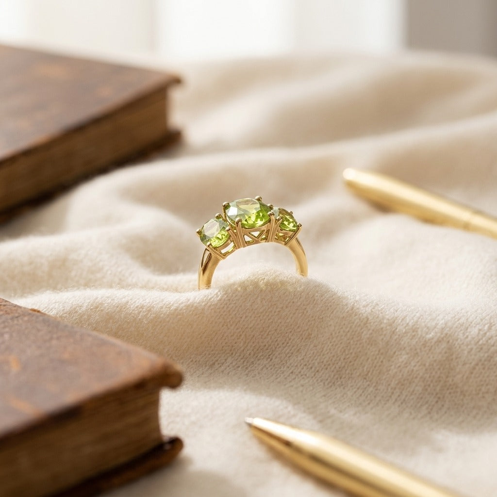 Peridot Oval Three Stone Ring In 14k Yellow Gold — textile flat lay