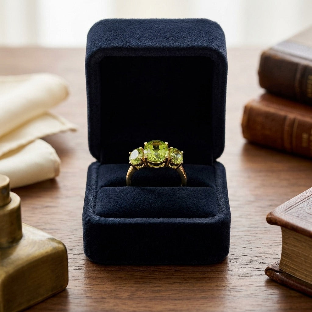 Peridot Oval Three Stone Ring In 14k Yellow Gold — velvet box