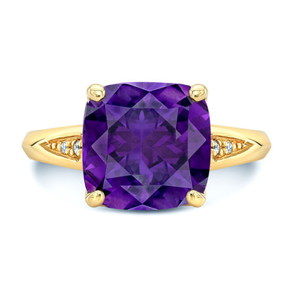 Amethyst Tulip Head And Diamond Ring In 14k Yelow Gold