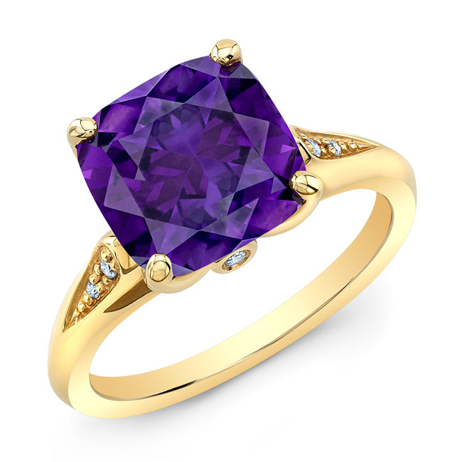 Amethyst Tulip Head And Diamond Ring In 14k Yelow Gold