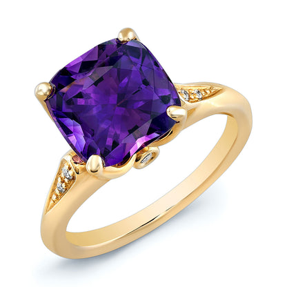 Amethyst And Diamond Tapered Shank Ring In 14k Yellow Gold