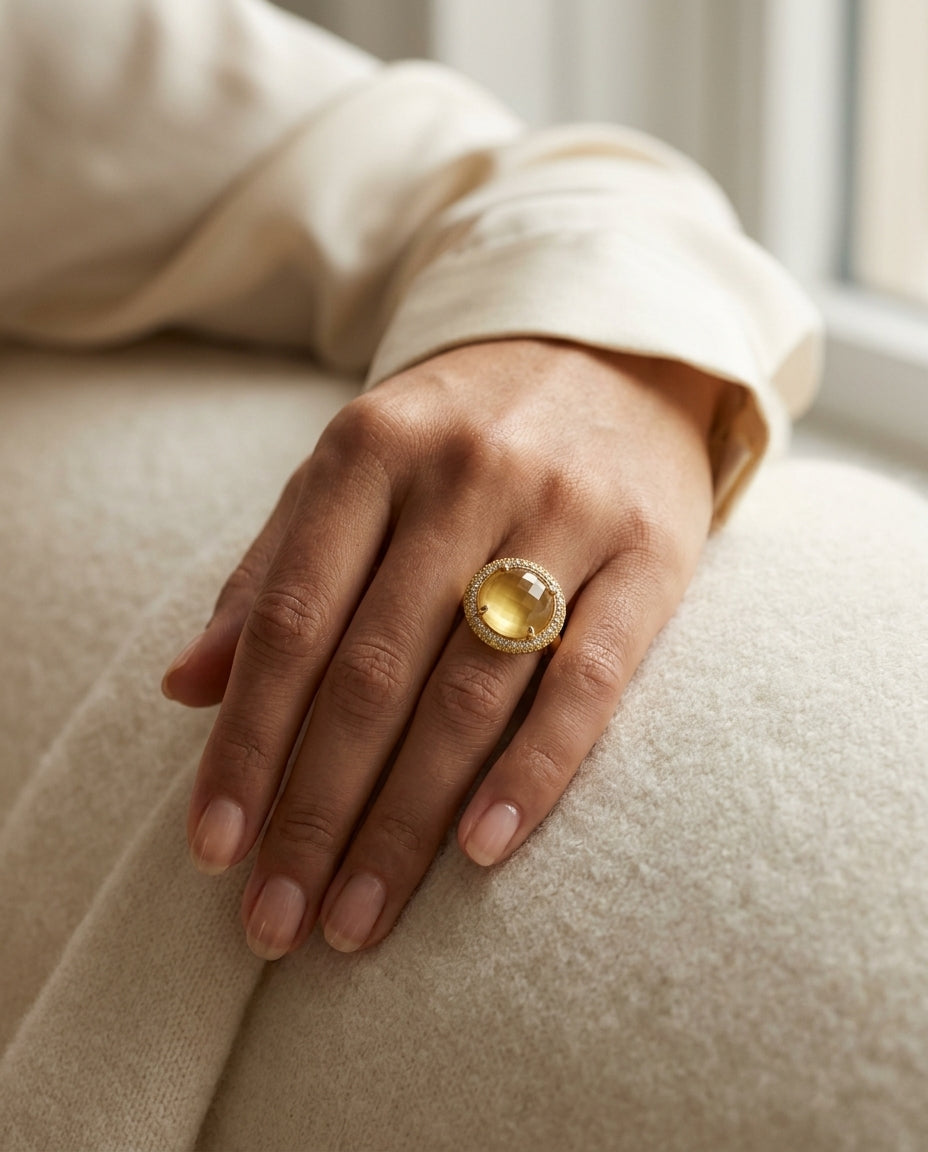 14kt Yellow Gold Citrine Mop Doublet & Yellow Sapphre 1/6ct Tdw Diamond Ring — editorial close-up