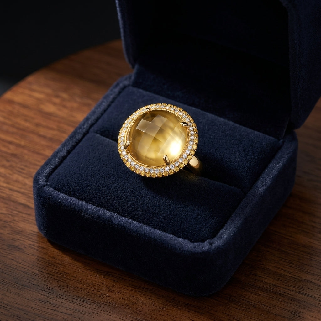 14kt Yellow Gold Citrine Mop Doublet & Yellow Sapphre 1/6ct Tdw Diamond Ring — gift presentation