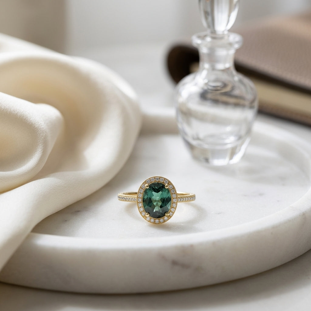 Green Tourmaline And Diamond Oval Halo Ring In 14k Yellow Gold (10x8mm) — atelier still life