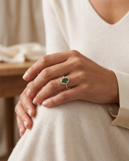 Green Tourmaline And Diamond Oval Halo Ring In 14k Yellow Gold (10x8mm) — editorial close-up