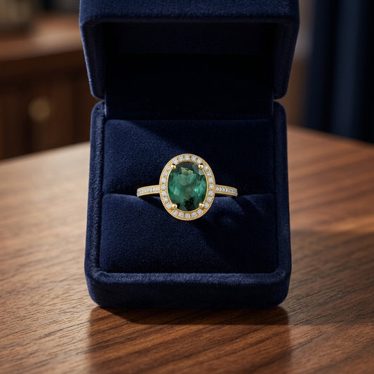 Green Tourmaline And Diamond Oval Halo Ring In 14k Yellow Gold (10x8mm) — gift presentation