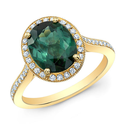 Green Tourmaline And Diamond Oval Halo Ring In 14k Yellow Gold (10x8mm)