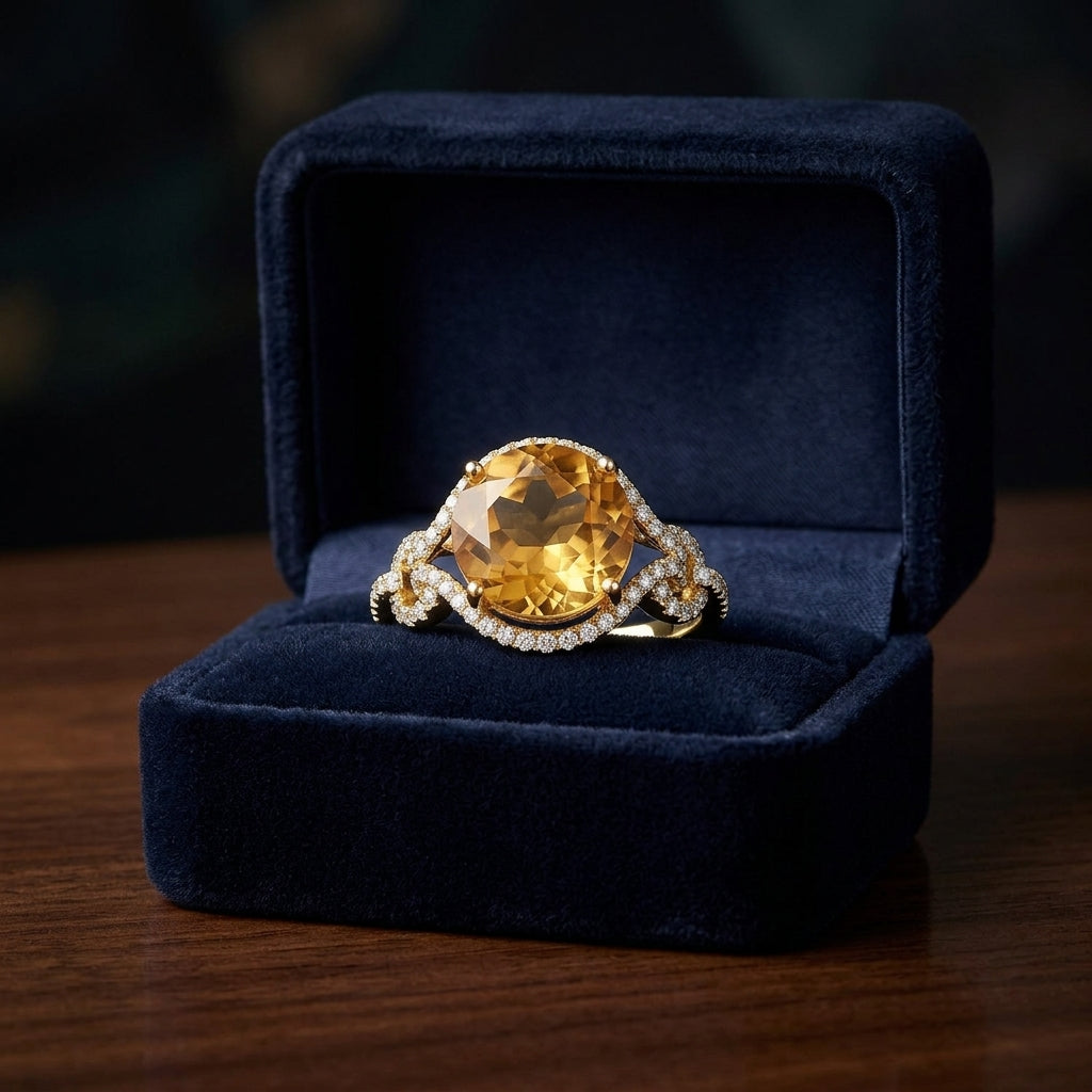 Citrine  And Diamond Double Knot Twist Ring In 14k Yellow Gold — gift presentation