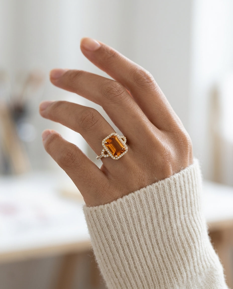 Citrine And Diamond Ring In 14k Yellow Gold — editorial close-up