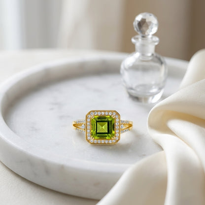 Peridot And Diamond Octagon Halo Ring In 14k Yellow Gold — atelier still life