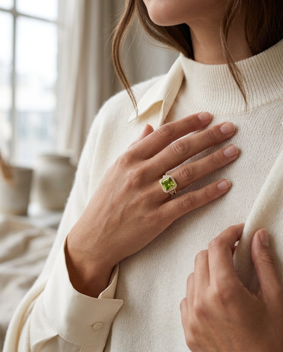 Peridot And Diamond Octagon Halo Ring In 14k Yellow Gold — editorial close-up